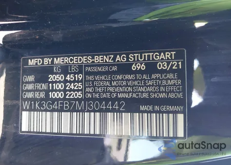 2021 Mercedes-Benz A 220 4Matic from USA, damaged, VIN W1K3G4FB7MJ304442